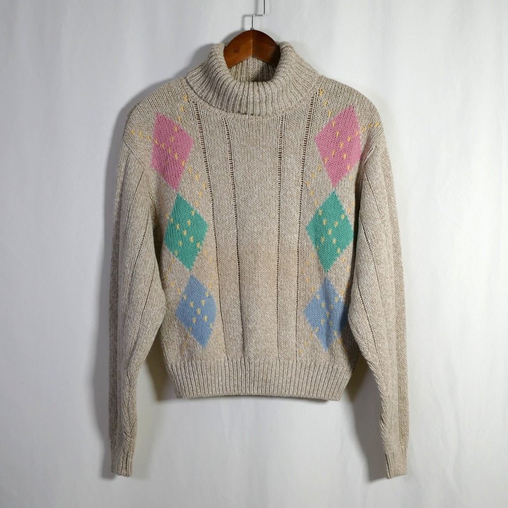 VTG Liz Sport Womens Preppy Argyle Turtleneck Sweater Size S Boxy Oversized Cozy